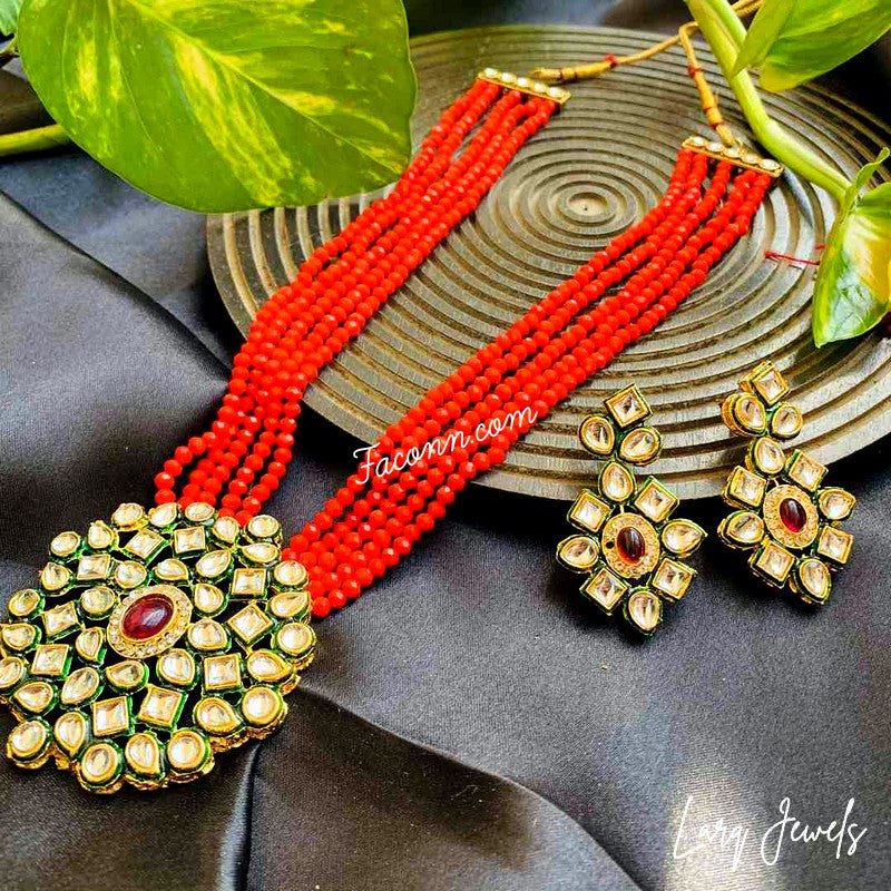 LARQ JEWELS Crystal Beads Ethnic Kundan Necklace And Earring Set For Women-RED