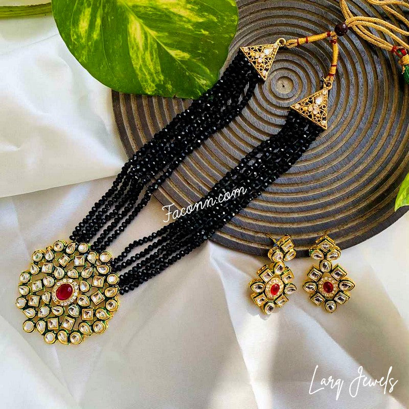 LARQ JEWELS Crystal Beads Ethnic Kundan Necklace And Earring Set For Women-BLACK