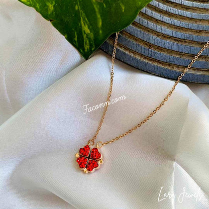 LARQ JEWELS 2-in-1 Four Leaf Clover Heart Necklace Both Side Magnetic Heart Pendant- RED