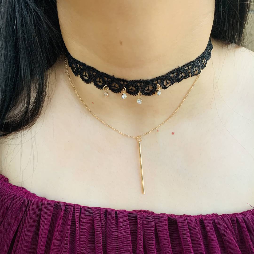 LARQ JEWELS Black Choker Necklace Double Layer Collar Chain Necklace