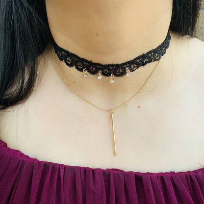 LARQ JEWELS Black Choker Necklace Double Layer Collar Chain Necklace