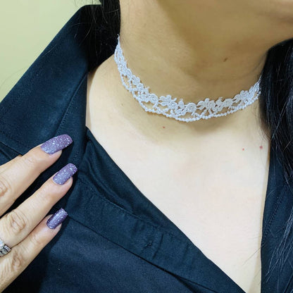 LARQ JEWELS White Choker Necklace, Patterned Lace Choker, Choker Necklace