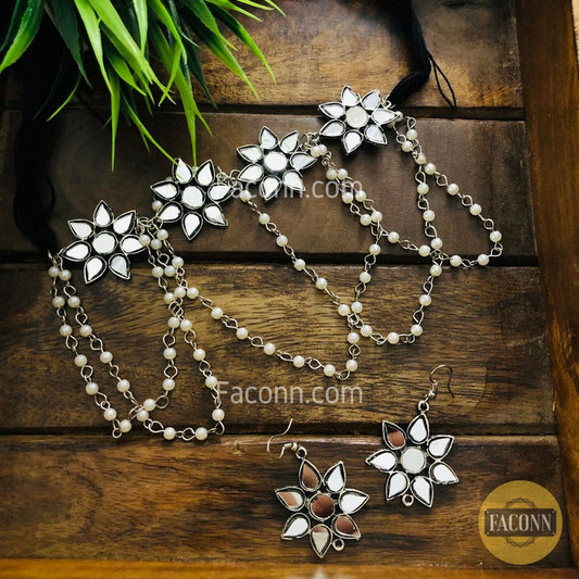 LARQ JEWELS Oxidized Silver Glass Meena Designer Floral Choker