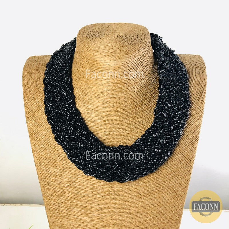 LARQ JEWELS Stylish Braid Black Beads Necklace For Women