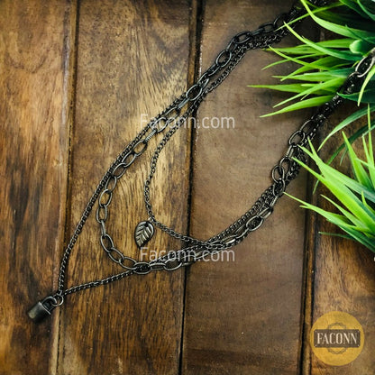 LARQ JEWELS Black Oxidized Multilayer Chain And Leaf Fashion Necklace