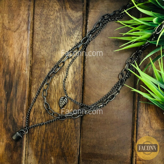 LARQ JEWELS Black Oxidized Multilayer Chain And Leaf Fashion Necklace