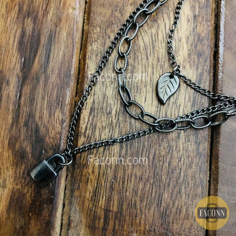 LARQ JEWELS Black Oxidized Multilayer Chain And Leaf Fashion Necklace