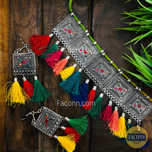 LARQ JEWELS Oxidized Silver Tassel Handcrafted Necklace