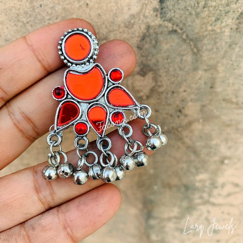 Silver Oxidized Red Mirror And Ghungru Earrings