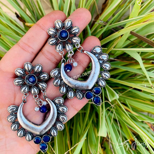 Larq Jewels Silver Oxidized Earrings With Blue Stones
