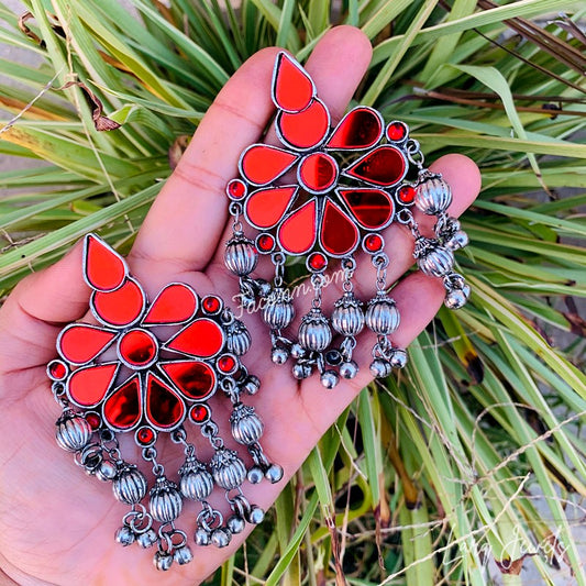 Silver Oxidized  Festive Red Mirror Ghunghroo Earrings