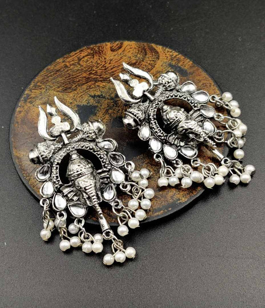 LARQ JEWELS Oxidized Ganesh Earrings with Stone Work in 100% Pure German Silver