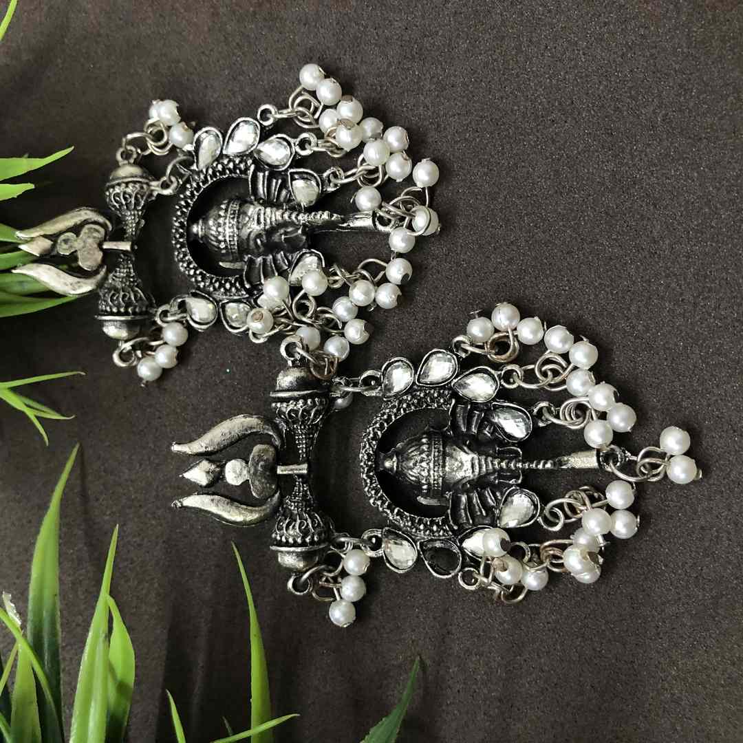 LARQ JEWELS Oxidized Ganesh Earrings with Stone Work in 100% Pure German Silver