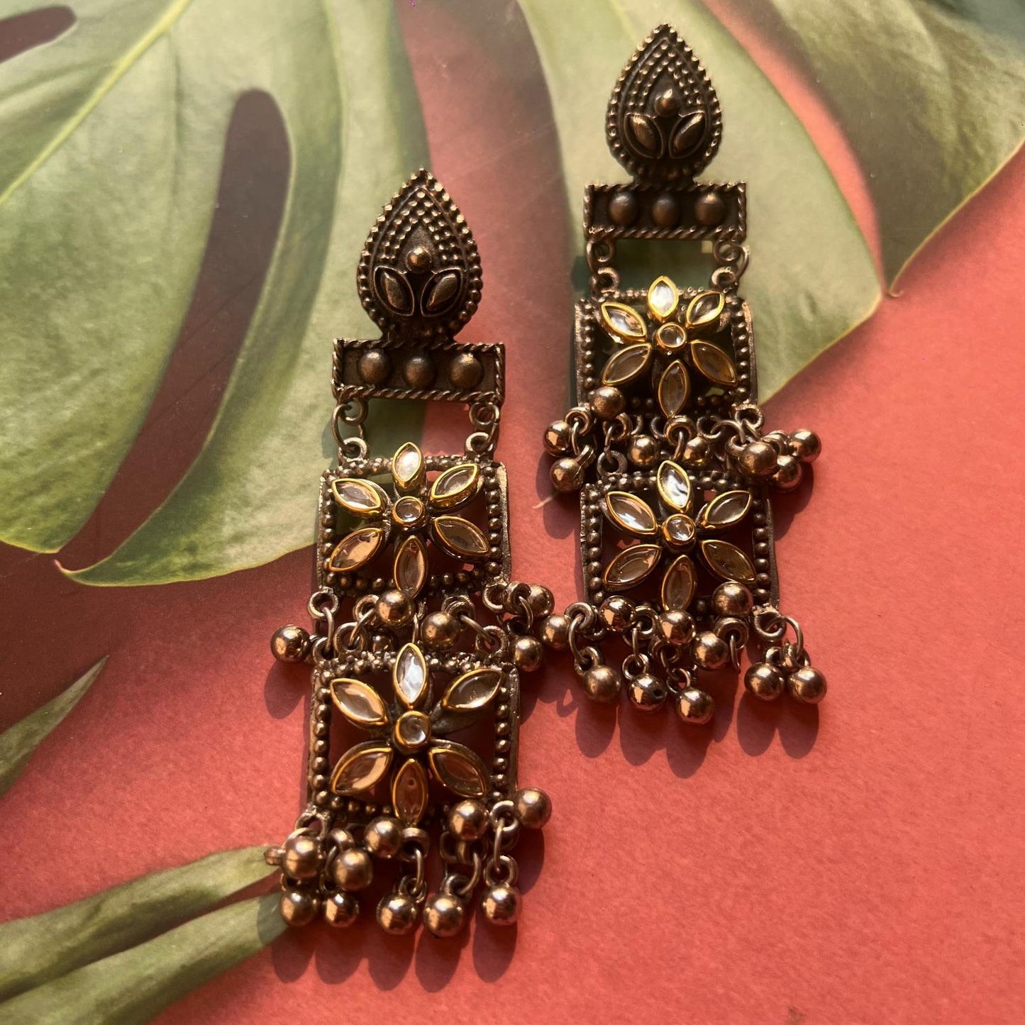 Oxidised Silver Flower Design Handmade Earrings