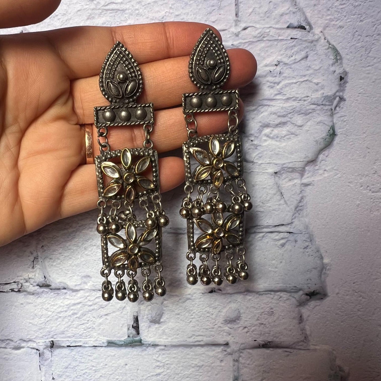 Oxidised Silver Flower Design Handmade Earrings