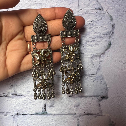Oxidised Silver Flower Design Handmade Earrings