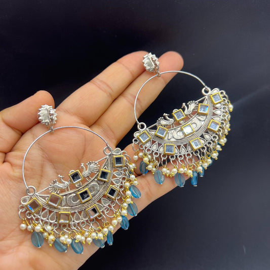 Silver Peacock Design Blue Chandbali Earrings
