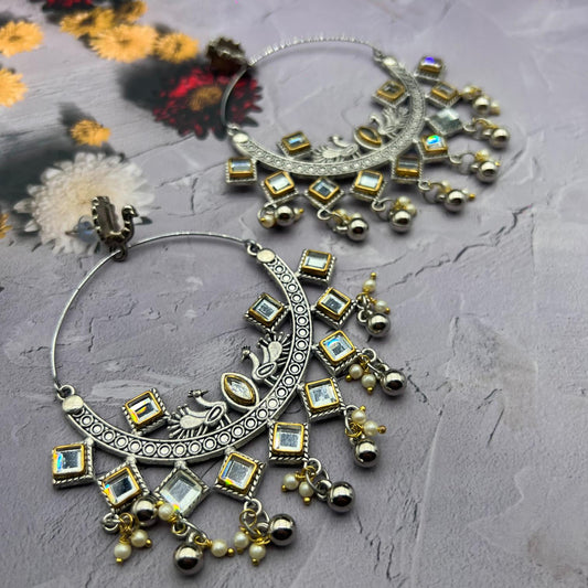 Oxidised Chandbali Kundan Stone Peacock Earrings