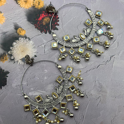 Oxidised Chandbali Kundan Stone Peacock Earrings