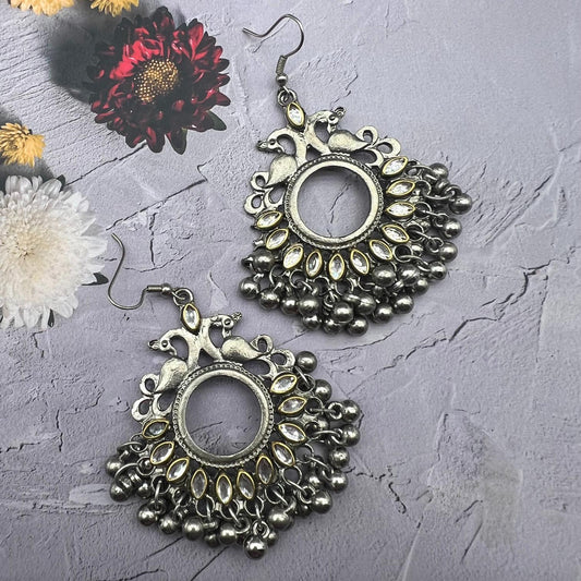 Oxidised Silver Kundan Stone Drop Earrings