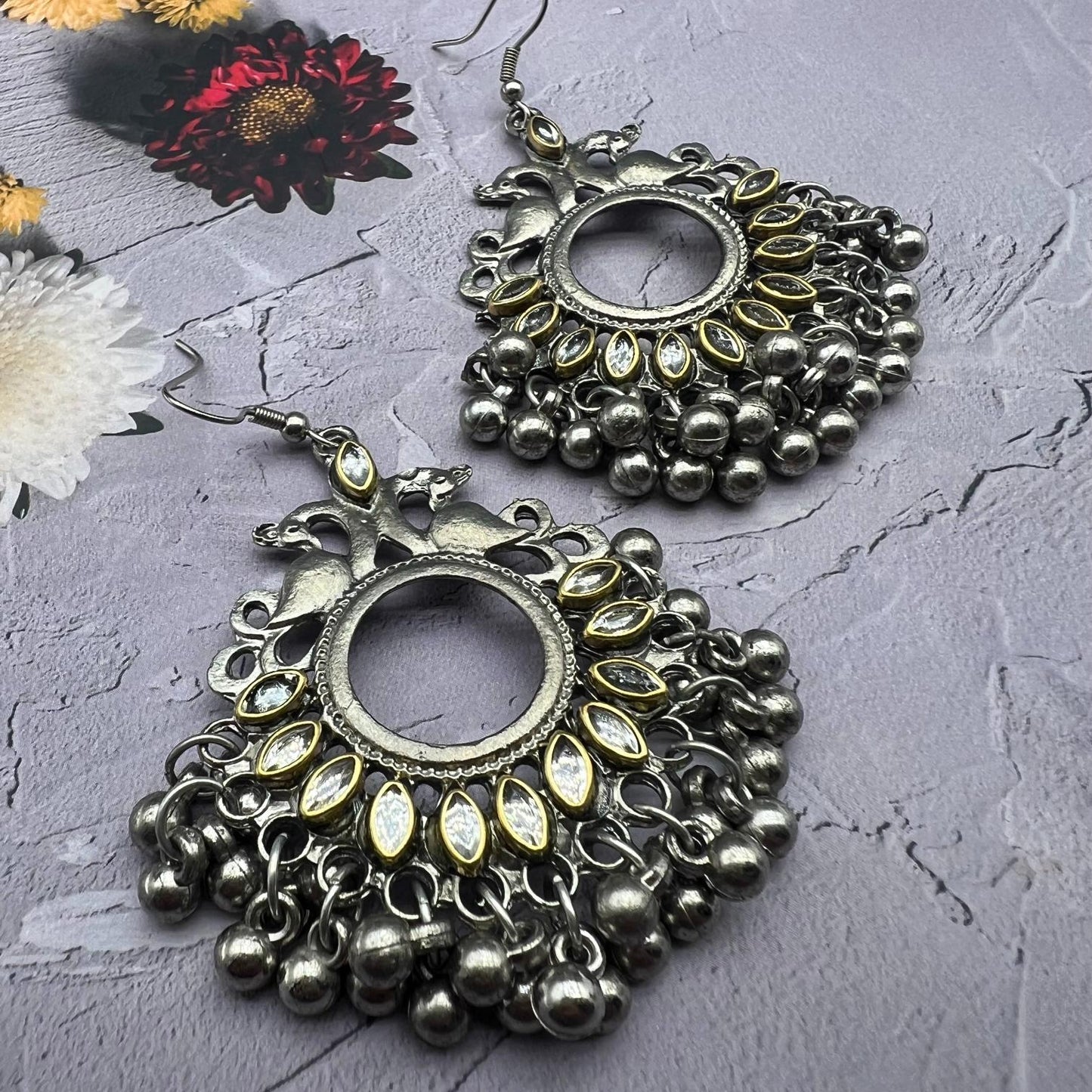 Oxidised Silver Kundan Stone Drop Earrings