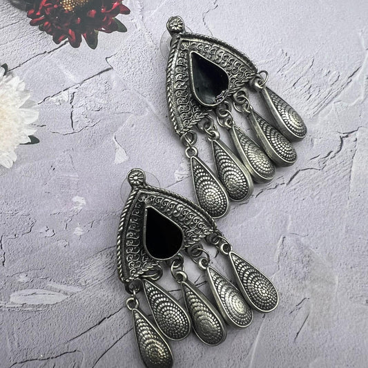Oxidised silver Drop  Boho Black Earring