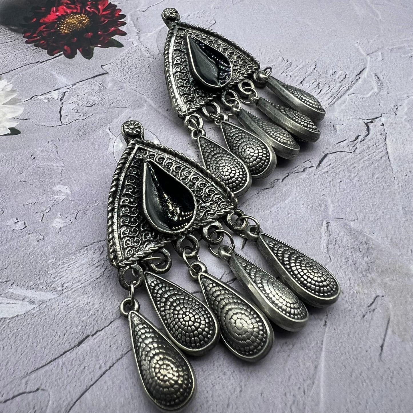 Oxidised silver Drop  Boho Black Earring