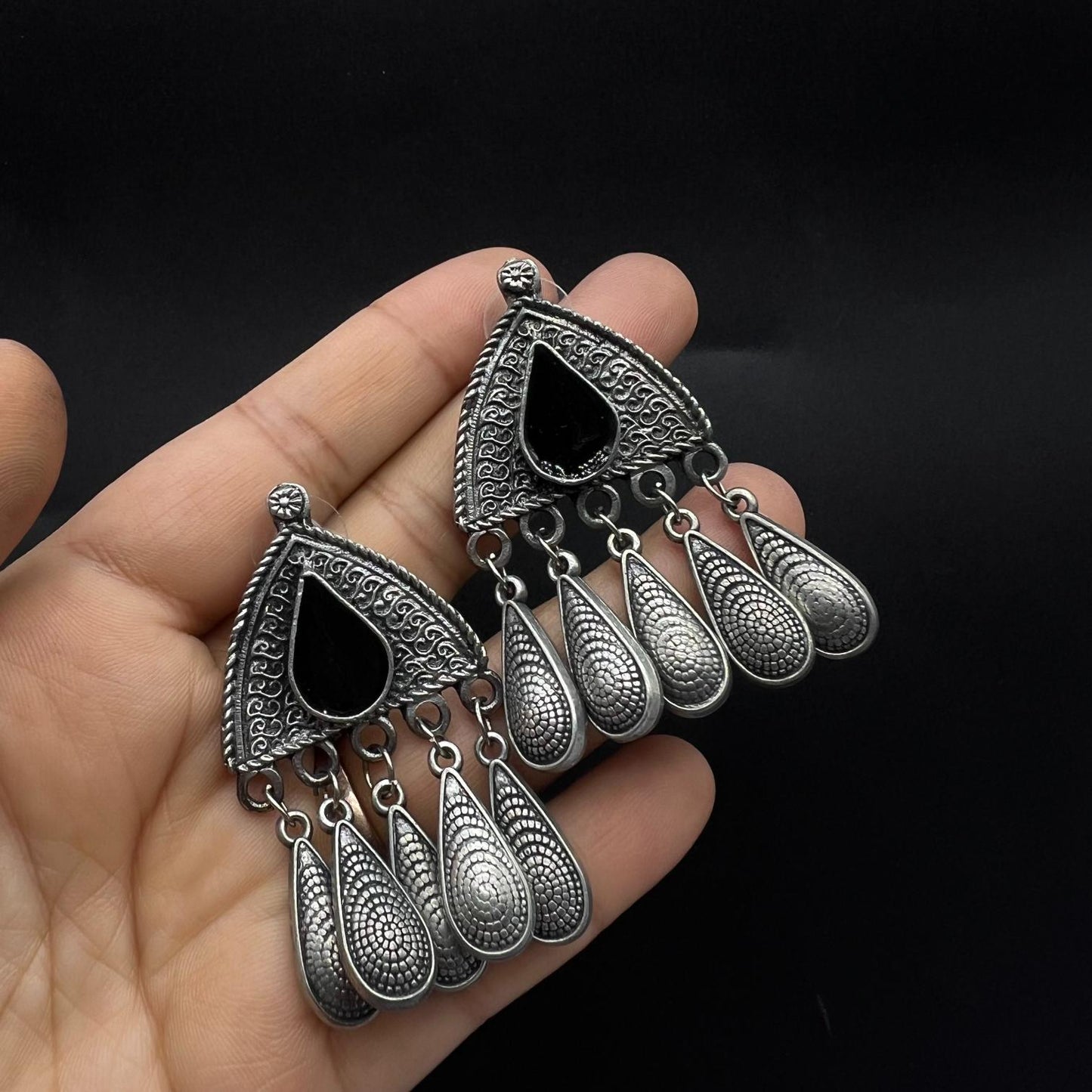 Oxidised silver Drop  Boho Black Earring