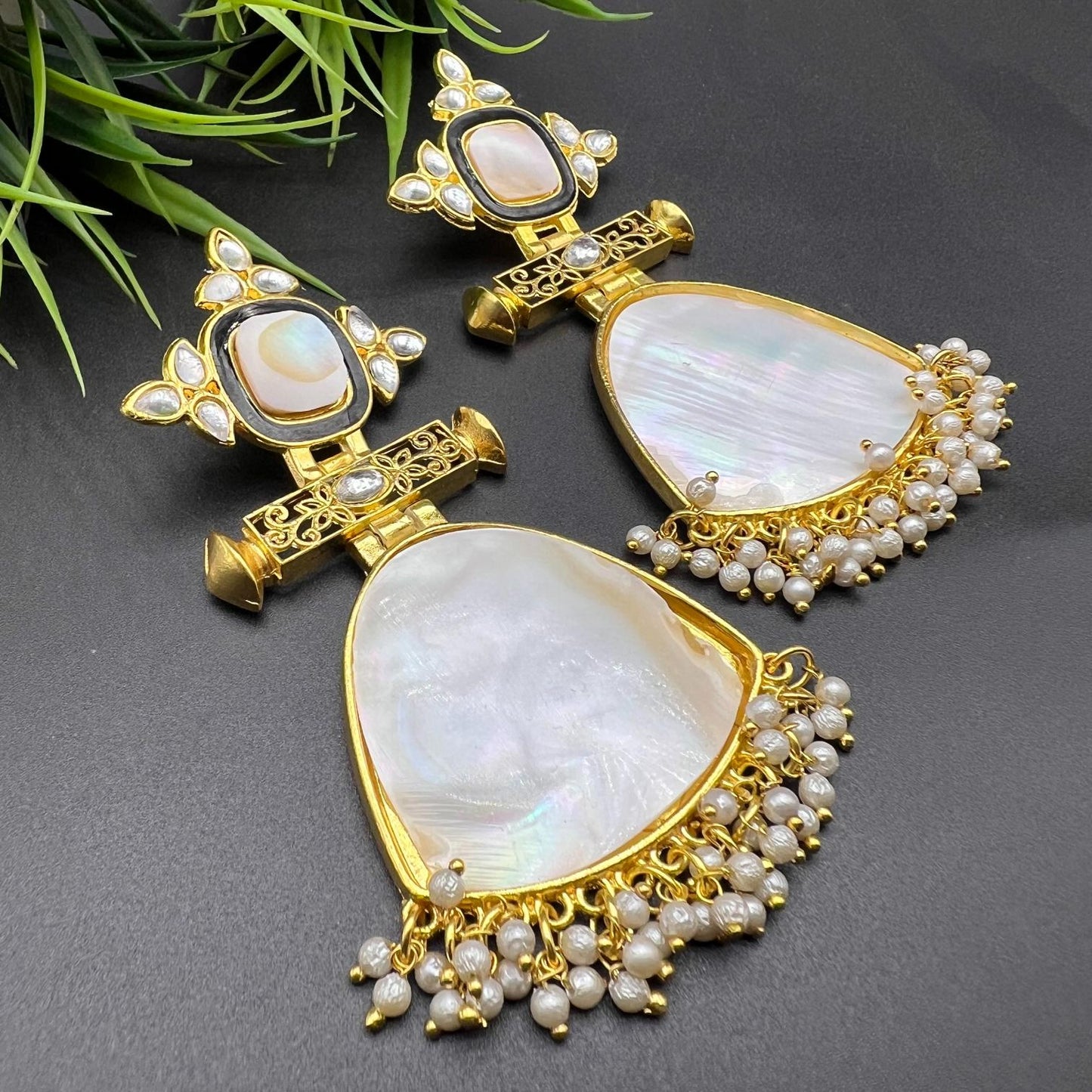 Gold Shell Stone Earring With Kundan White