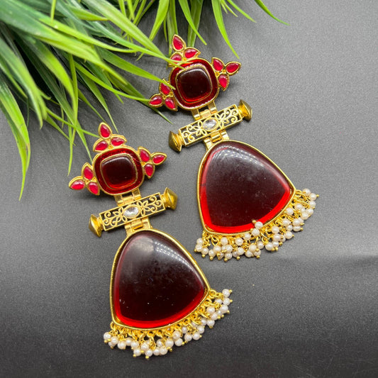 Gold Shell Stone Earring With Kundan Red