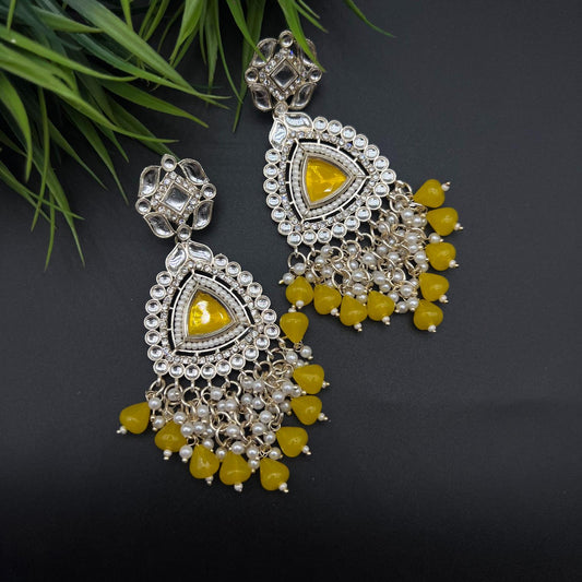 Yellow Color Beads Polki Stone Kundan Earring