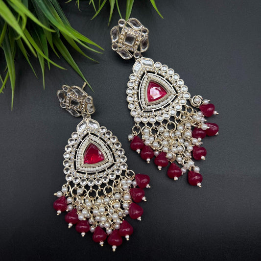 Pink Color Beads Polki Stone Kundan Earring