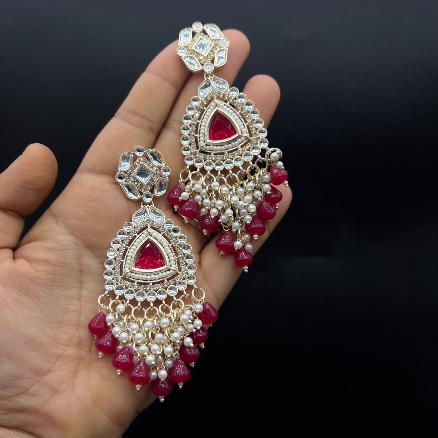 Pink Color Beads Polki Stone Kundan Earring
