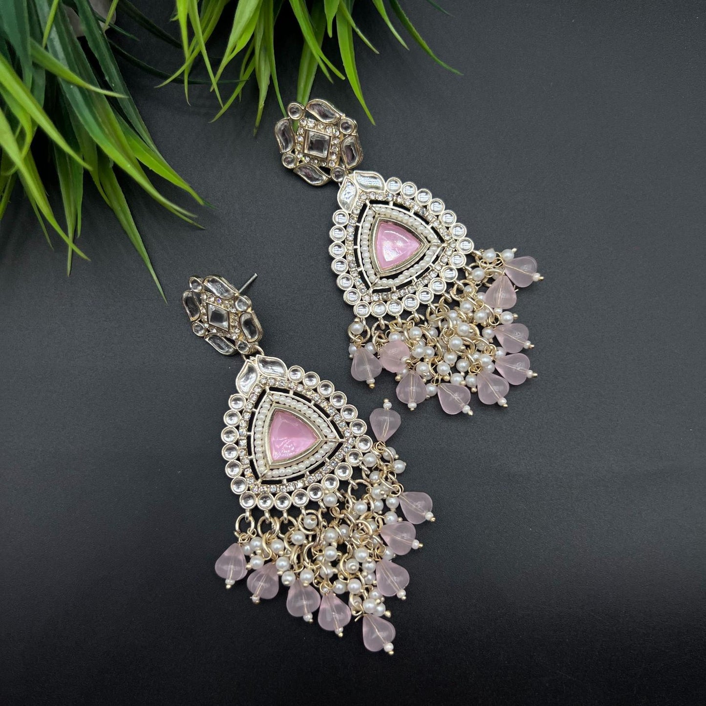 Baby Pink Color Beads Polki Stone Kundan Earring