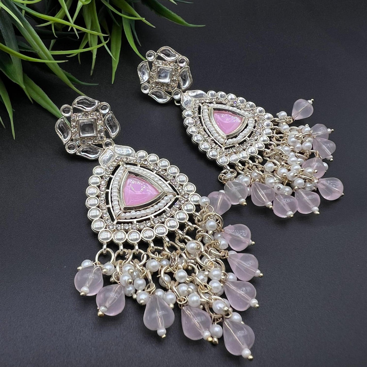 Baby Pink Color Beads Polki Stone Kundan Earring