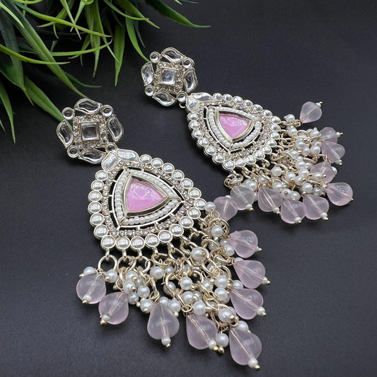 Baby Pink Color Beads Polki Stone Kundan Earring