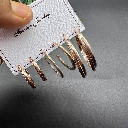 3 Pairs Rose gold Hoop Earrings Combo