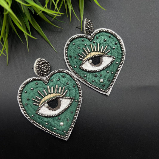 Handmade Beaded Eye Heart Shape Green Earring