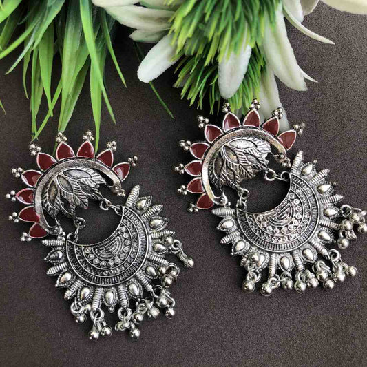 LARQ JEWELS Ethnic Silver Oxidised Maroon Dangler Earrings