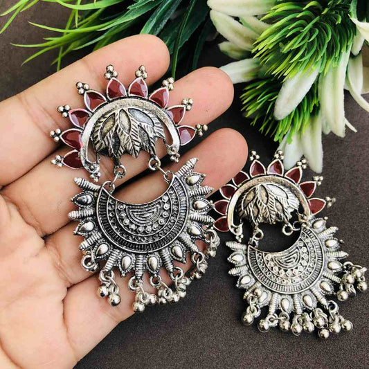 LARQ JEWELS Ethnic Silver Oxidised Maroon Dangler Earrings