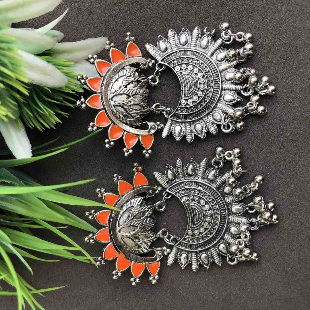 LARQ JEWELS Ethnic Silver Oxidised Orange Dangler Earrings