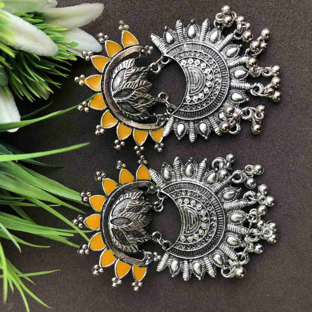LARQ JEWELS Ethnic Silver Oxidised Yellow Dangler Earrings