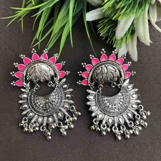 LARQ JEWELS Ethnic Silver Oxidised Pink Dangler Earrings