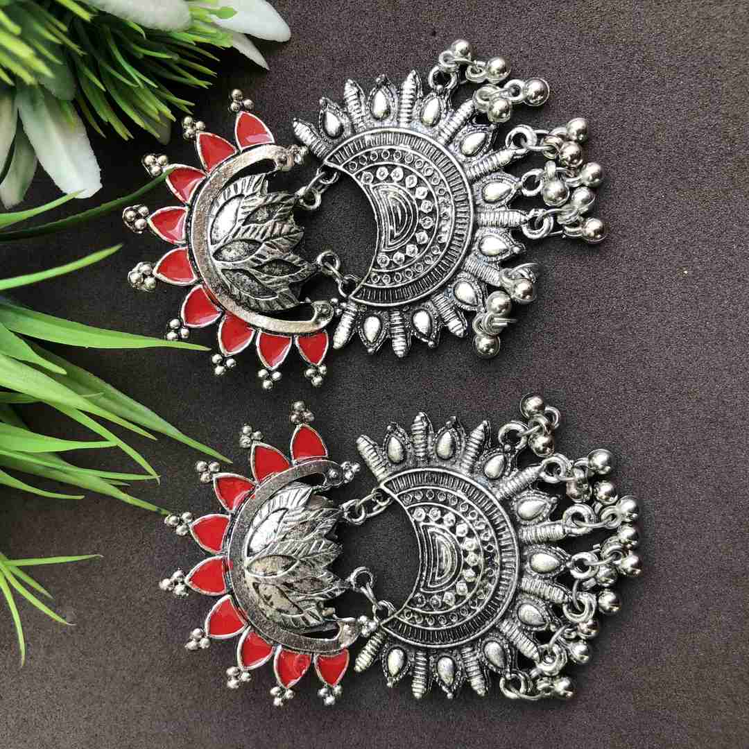LARQ JEWELS Ethnic Silver Oxidised Red Dangler Earrings