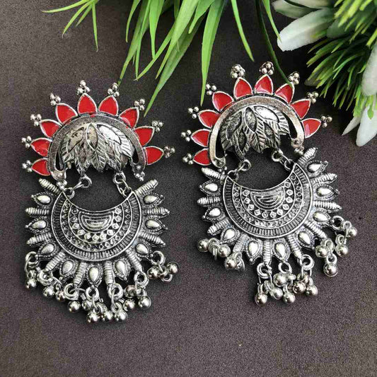 LARQ JEWELS Ethnic Silver Oxidised Red Dangler Earrings