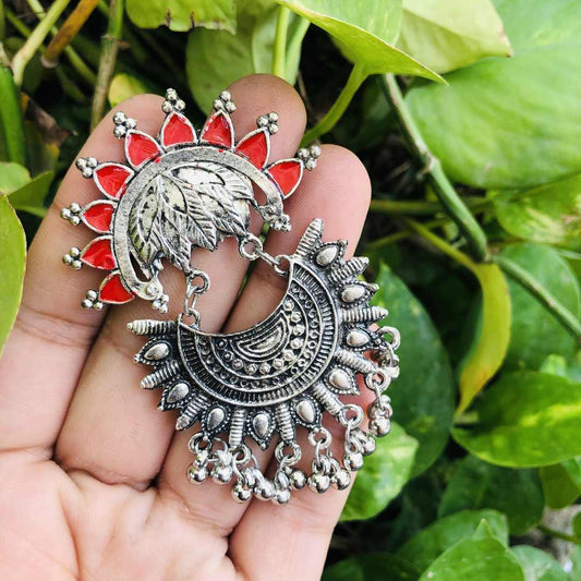 LARQ JEWELS Ethnic Silver Oxidised Red Dangler Earrings