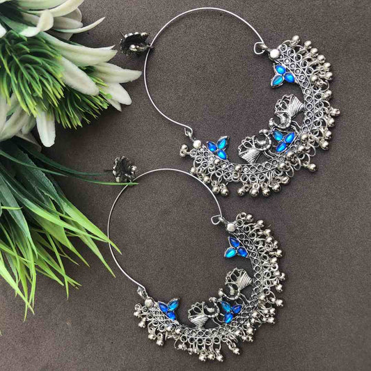 LARQ JEWELS Oxidized Silver Blue Stone Lightweight Chandbali