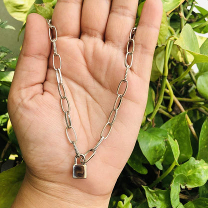 LARQ JEWELS Lock Pendant Necklace Statement Long Chain- silver