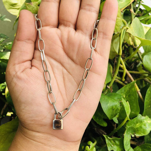 LARQ JEWELS Lock Pendant Necklace Statement Long Chain- silver