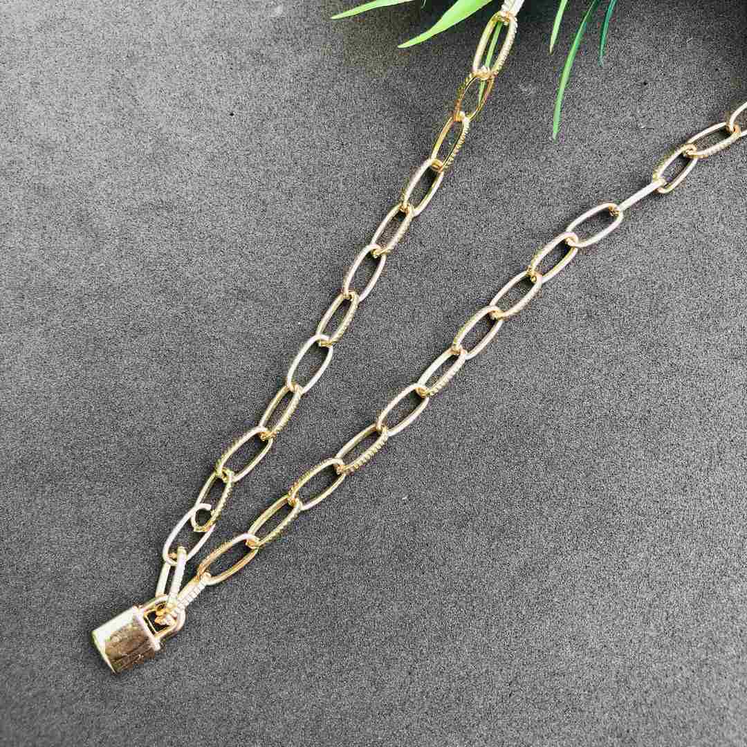LARQ JEWELS Lock Pendant Necklace Statement Long Chain- golden